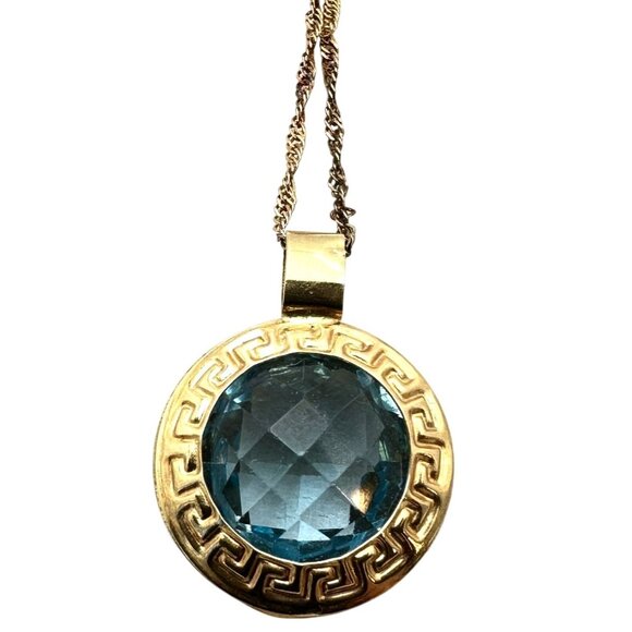 Italy 14k Yellow Gold Cushion Cut Blue Topaz Pendant Necklace 16 Inch 3.79 Grams